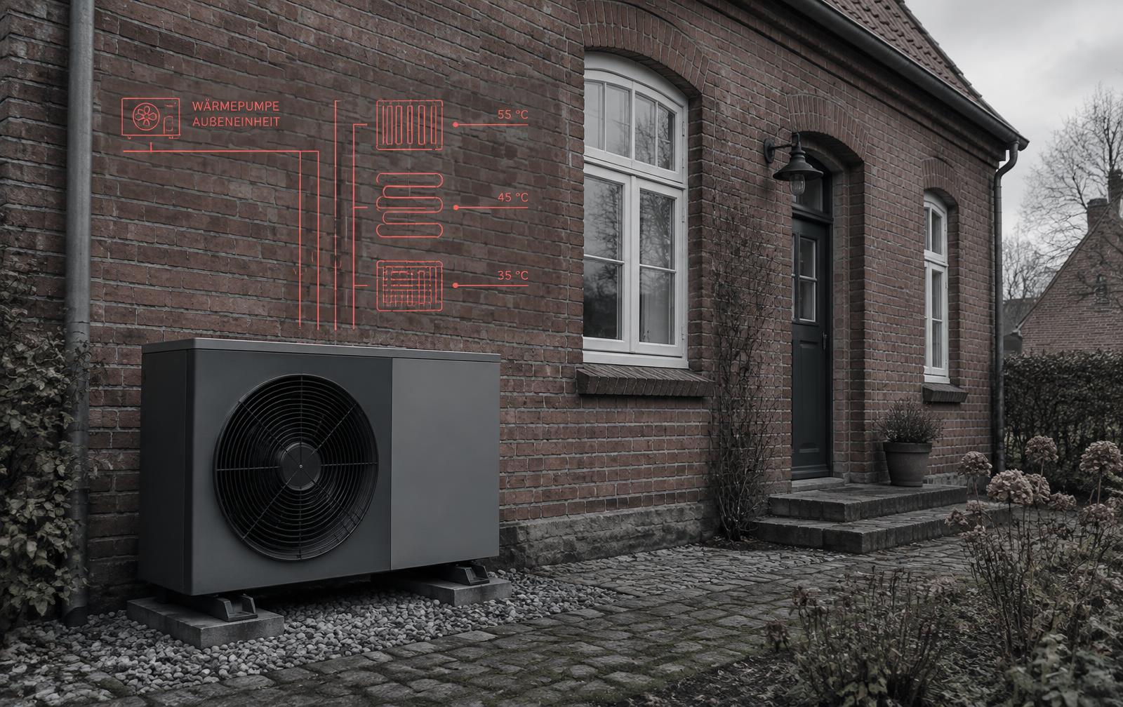 Luft-Wasser-Wärmepumpe vor einem Backstein-Altbau mit schematischer Darstellung von 55, 45 und 35 °C Vorlauftemperatur