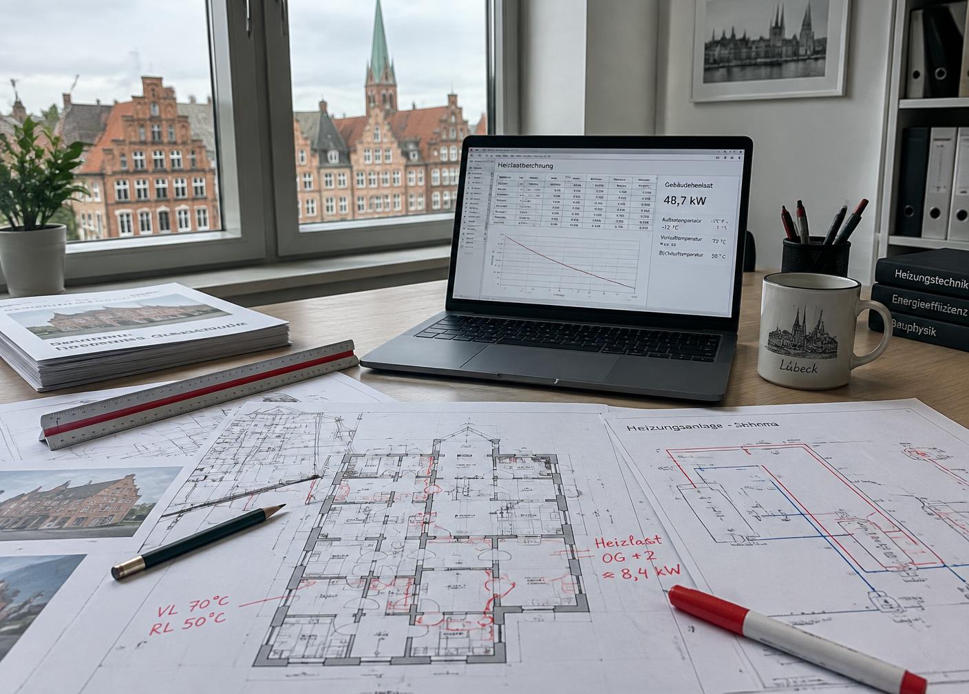 Grundrisse, Heizungsschema und Heizlastberechnung auf dem Planungstisch